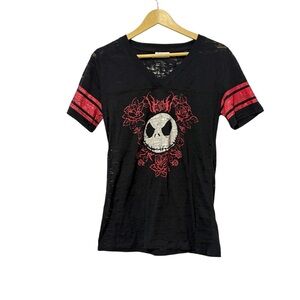 Disney Parks Women’s Jack Skellington Black Red V Neck Shirt Halloween Travel